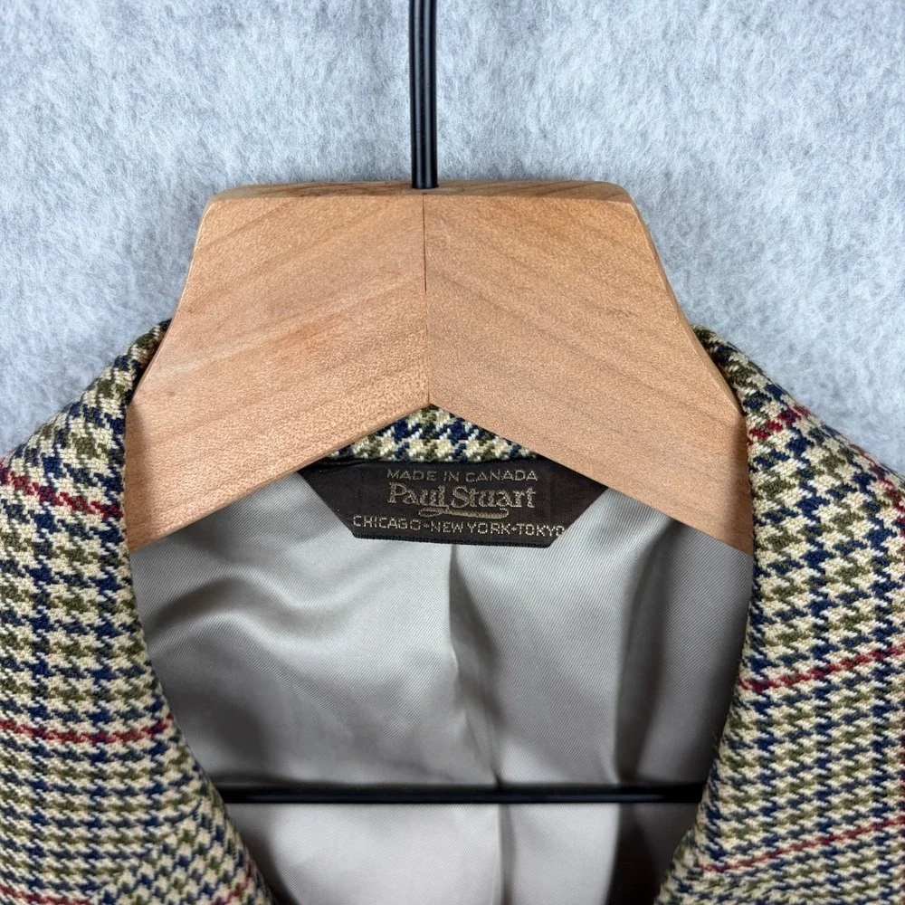 Vintage Paul Stuart Sport Coat Mens 42L Tan Plaid Houndstooth Lambswool Cashmere